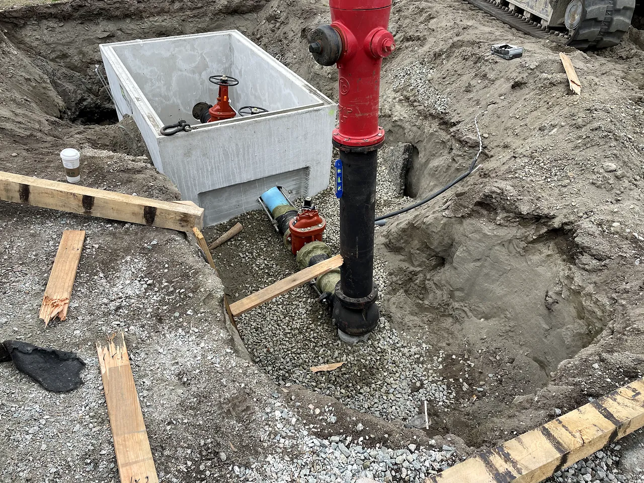 New fire hydrant and valve chamber installation at Brighouse Elementary