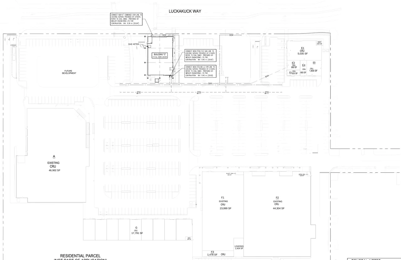 Building C site plan showing new storm and sanitary service connections, Chilliwack Mall